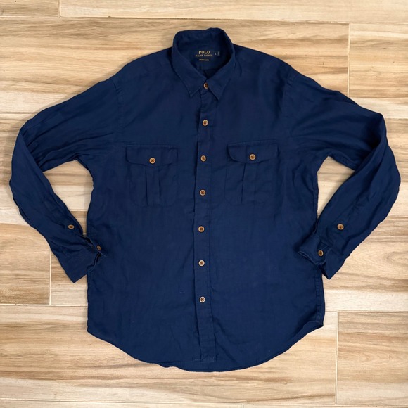Polo Ralph Lauren Other - Polo Ralph Lauren Resort Linen Shirt Mens Large Navy Blue Button Down Long